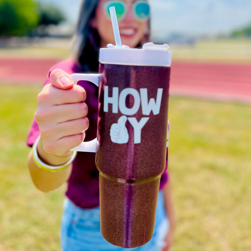 Howdy Maroon Tumbler Glitter