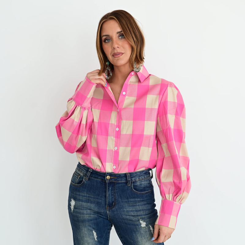 Pink & Ivory Gingham Button Up Top