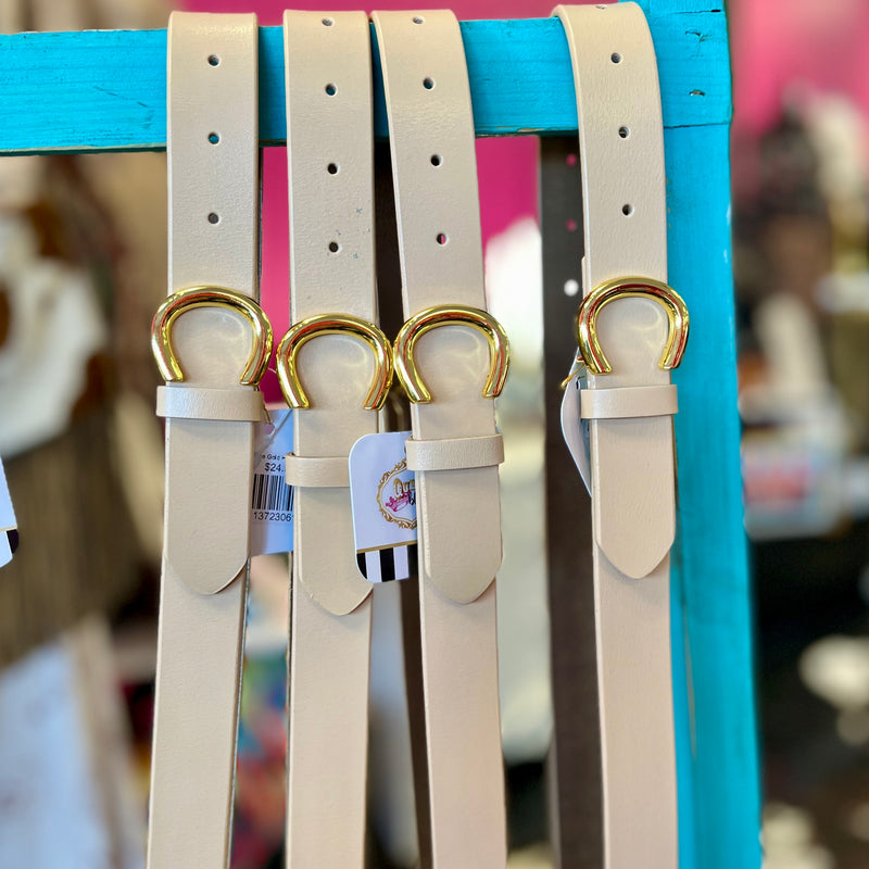 Beige Gold Horseshoe Skinny Belt