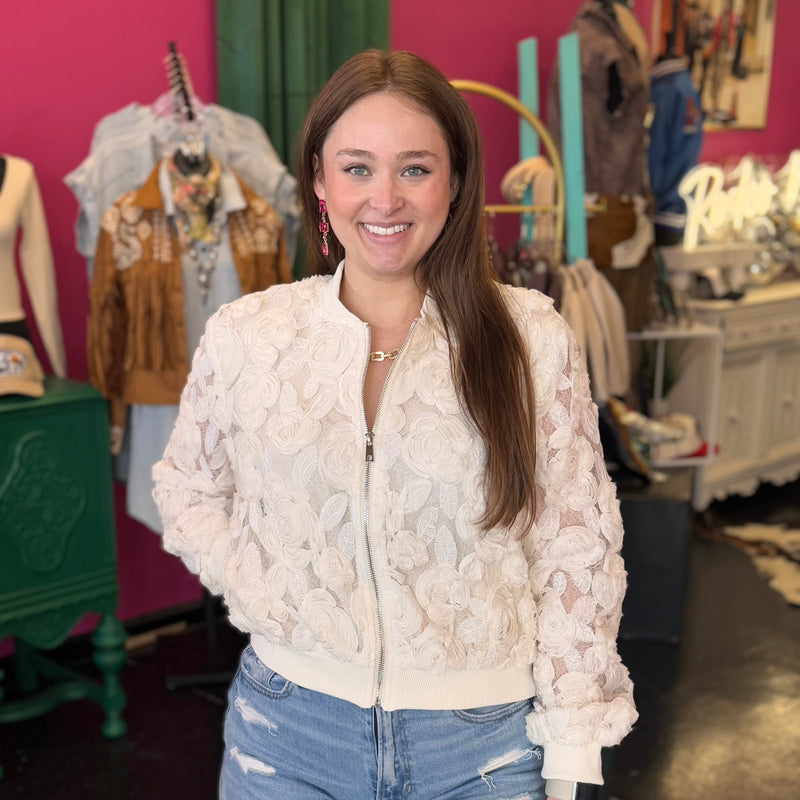 Ivory Lace Flower Bomber Jacket