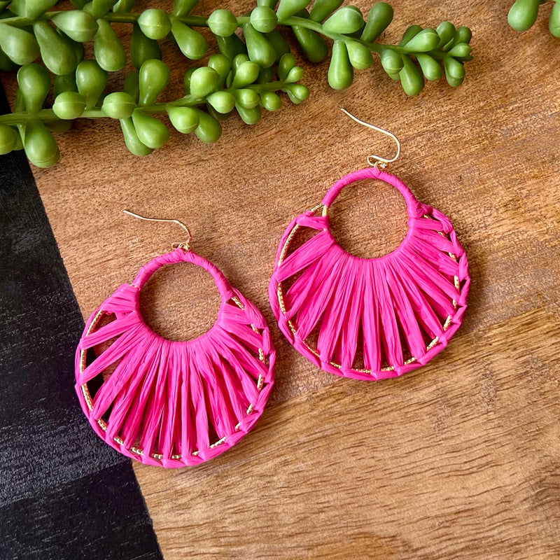 Hot Pink Raffia Wrapped Circle Earring