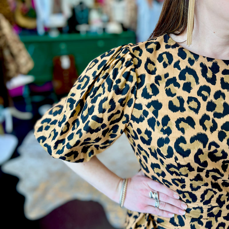 Leopard Ruched Puff Sleeve Dress