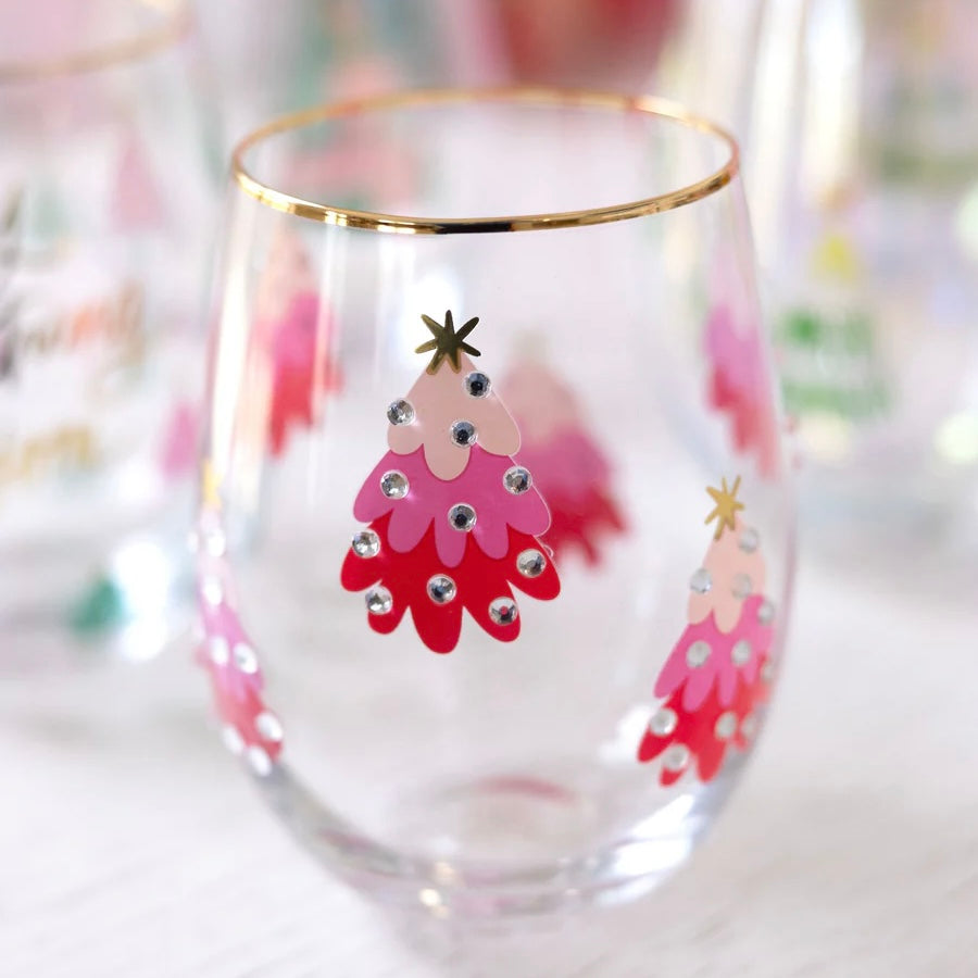 Pink Tree Stemless Wine Glass