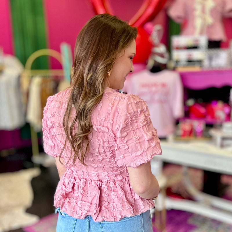 Ballerina Pink & Ivory Bow Textured Top