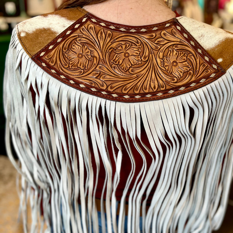 Hide & Tooled Leather Fringe Cape