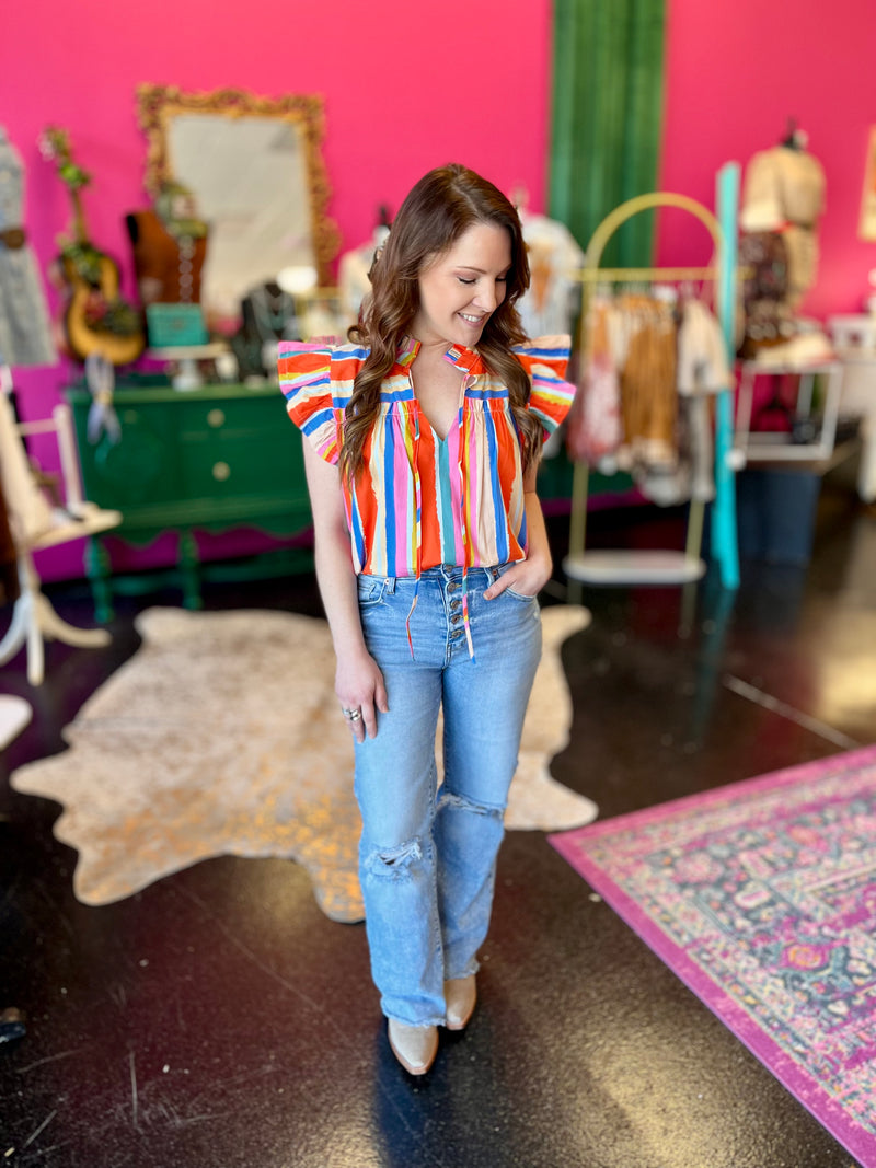 Multi Color Striped Flutter Sleeve Top