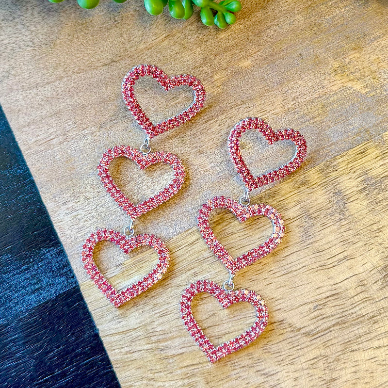 Pink Crystal Triple Heart Earrings