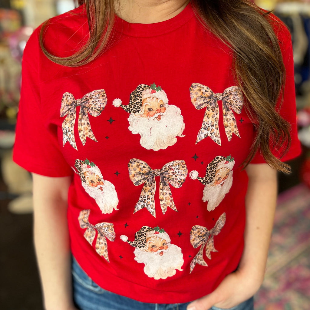 Red Leopard Santa & Bow Tee