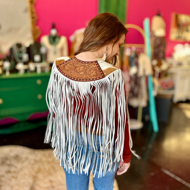 Hide & Tooled Leather Fringe Cape