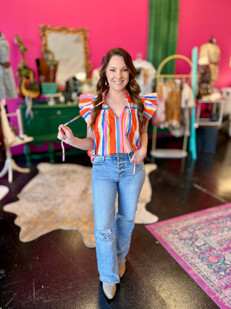 Multi Color Striped Flutter Sleeve Top