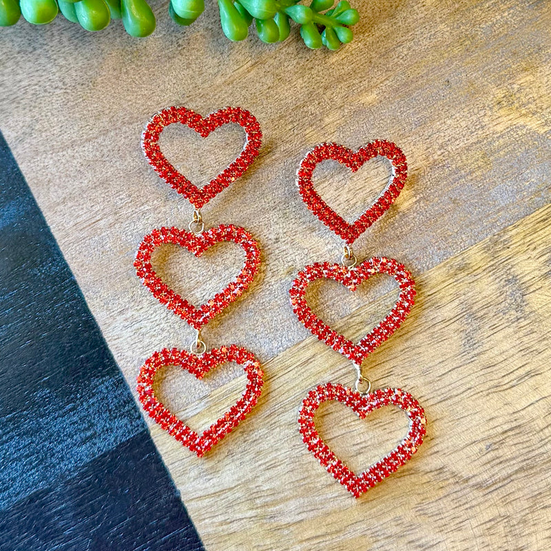 Red Crystal Triple Heart Earrings