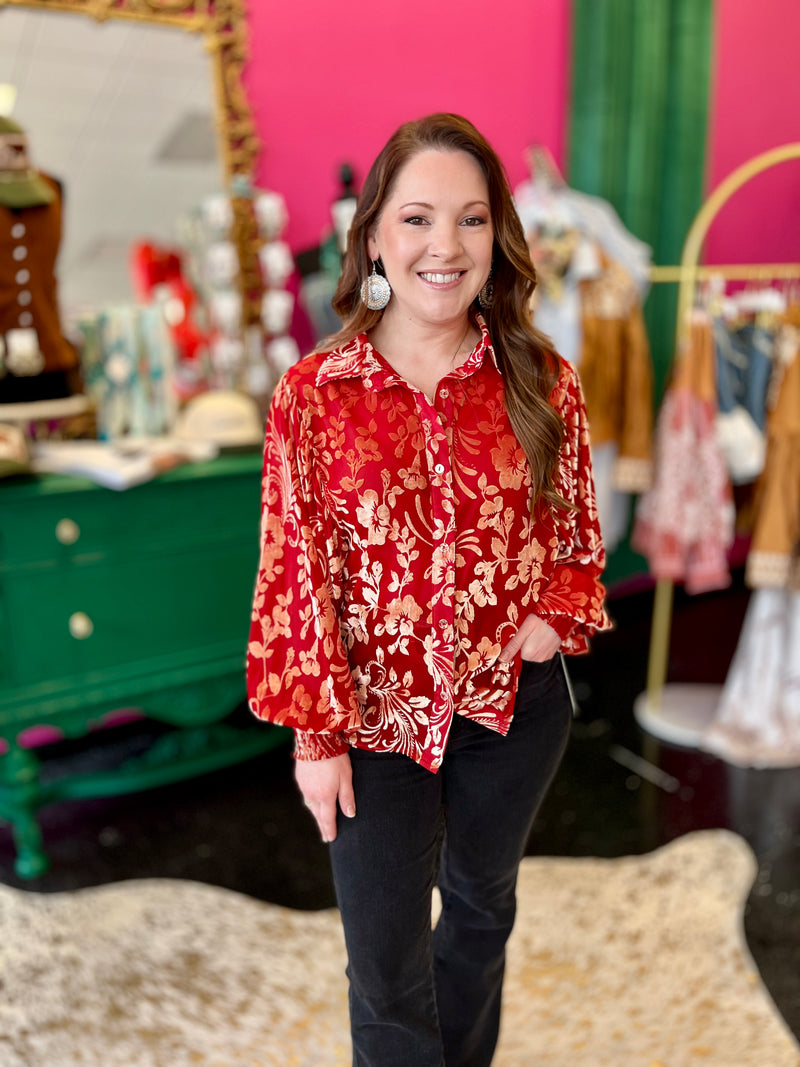 Red & Ivory Velvet Button Up Top