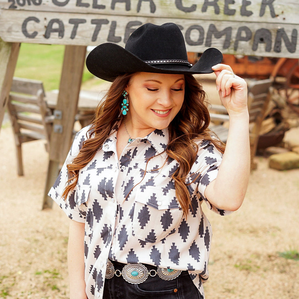 Ivory & Black Aztec Pearl Snap Top