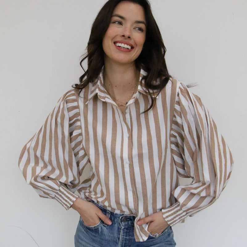 White & Tan Striped Button Up Top