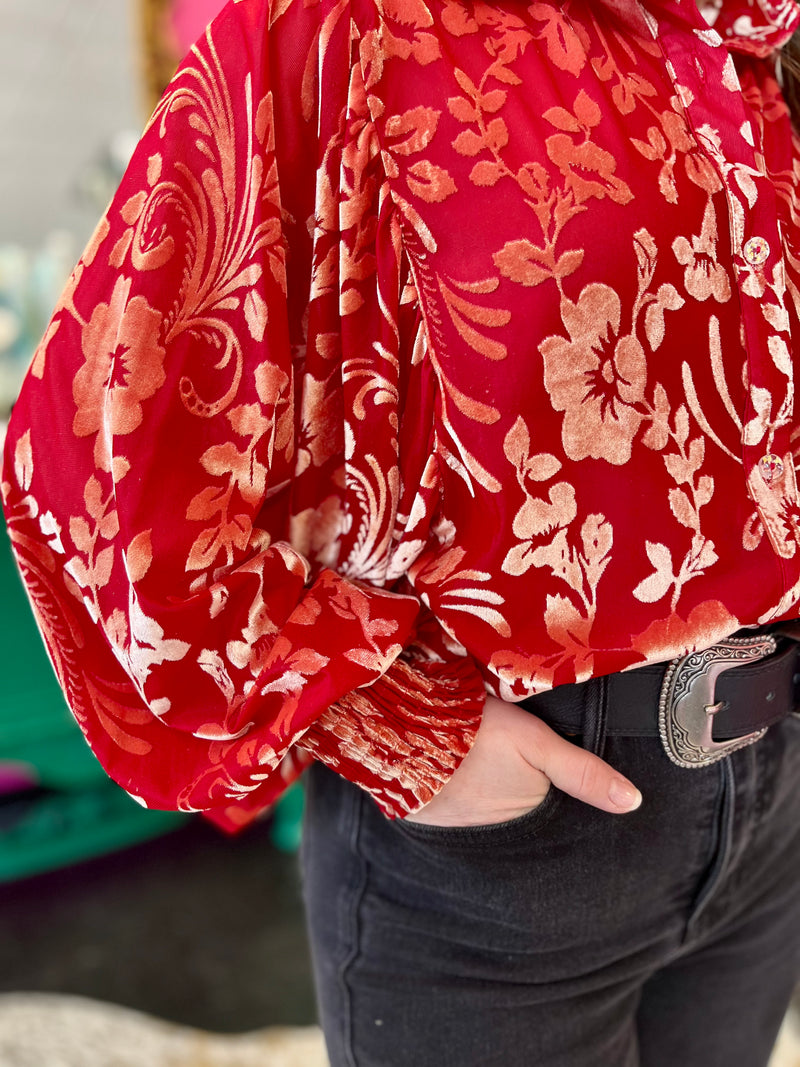 Red & Ivory Velvet Button Up Top