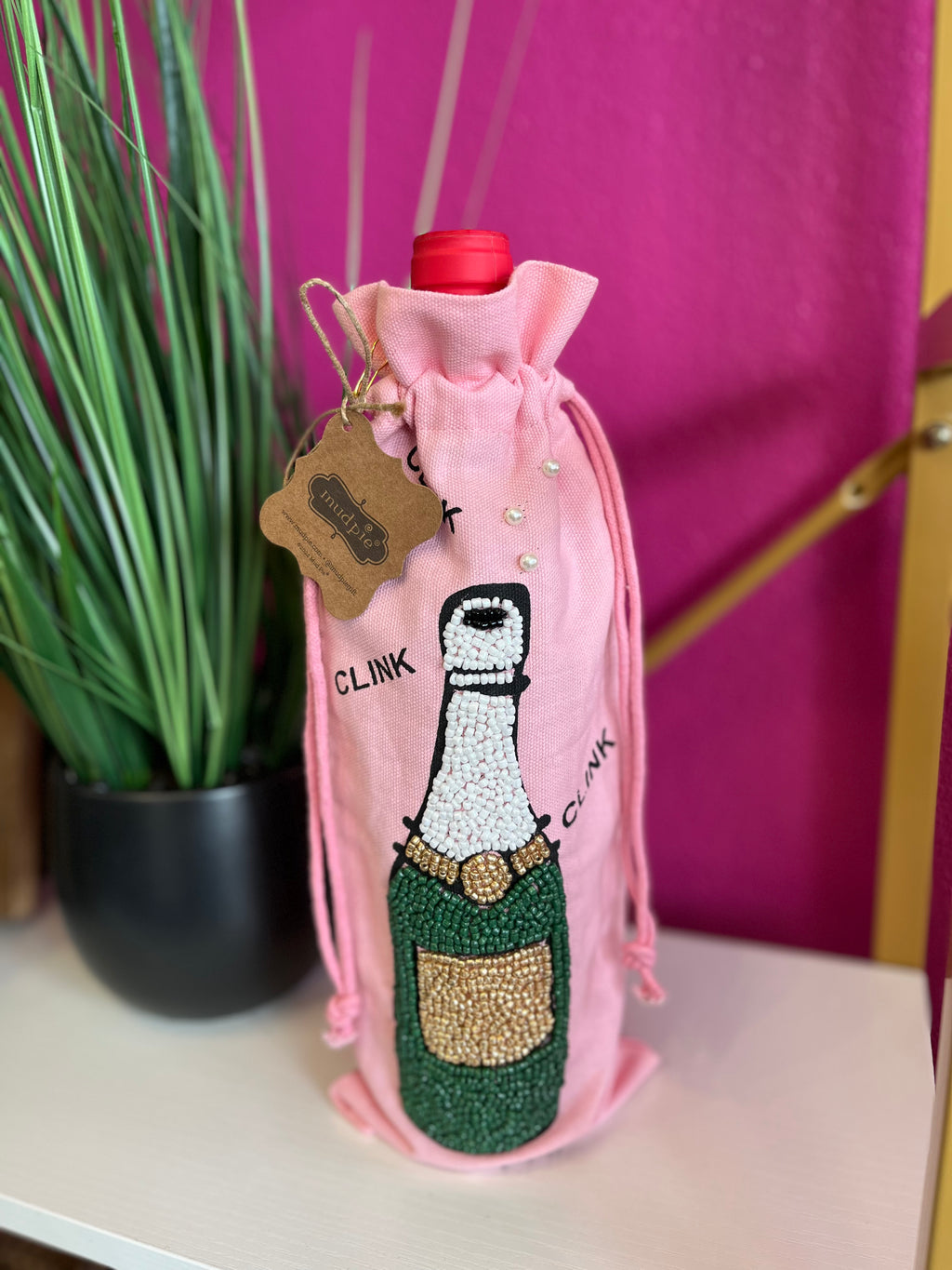 Pink Beaded Champ Wine Bag