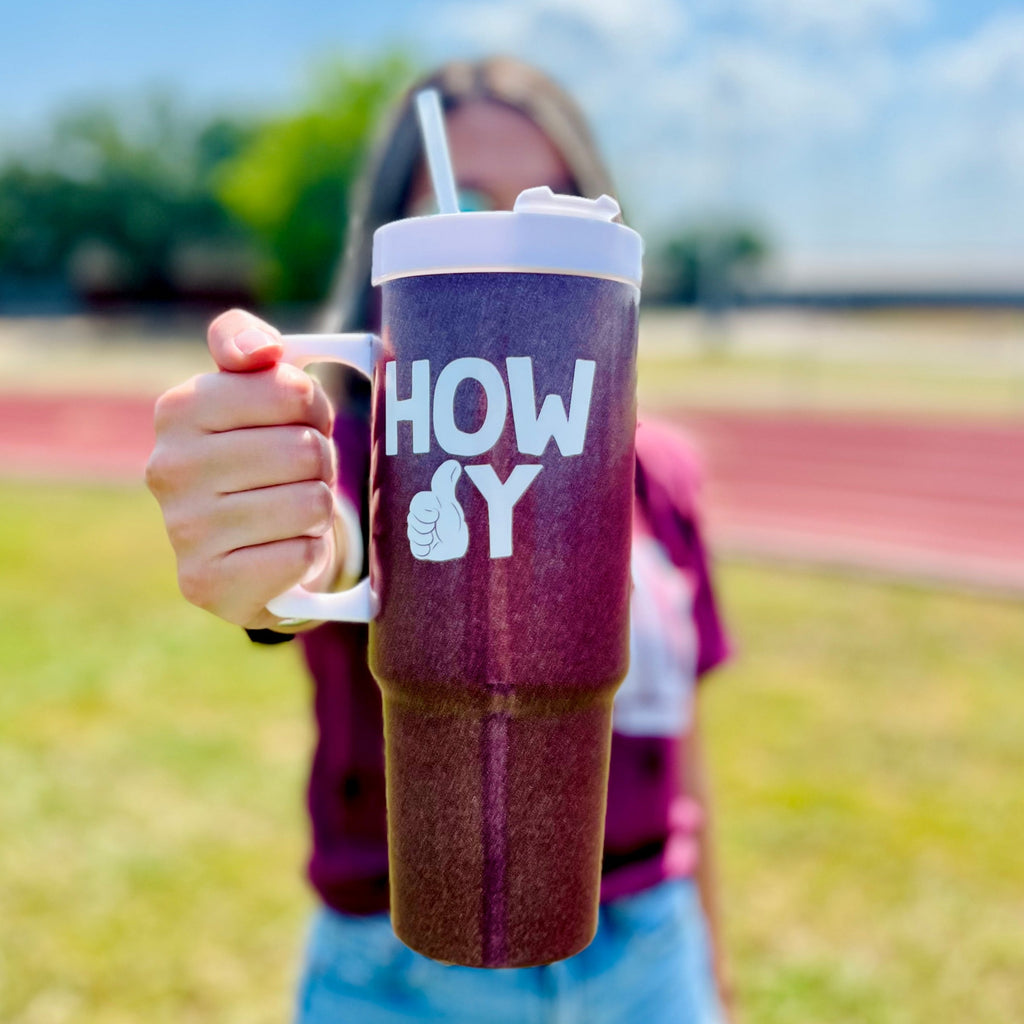 Howdy Maroon Glitter Tumbler — The Burlap Sack Boutique