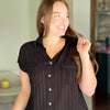 Black Striped Linen Dolman Top