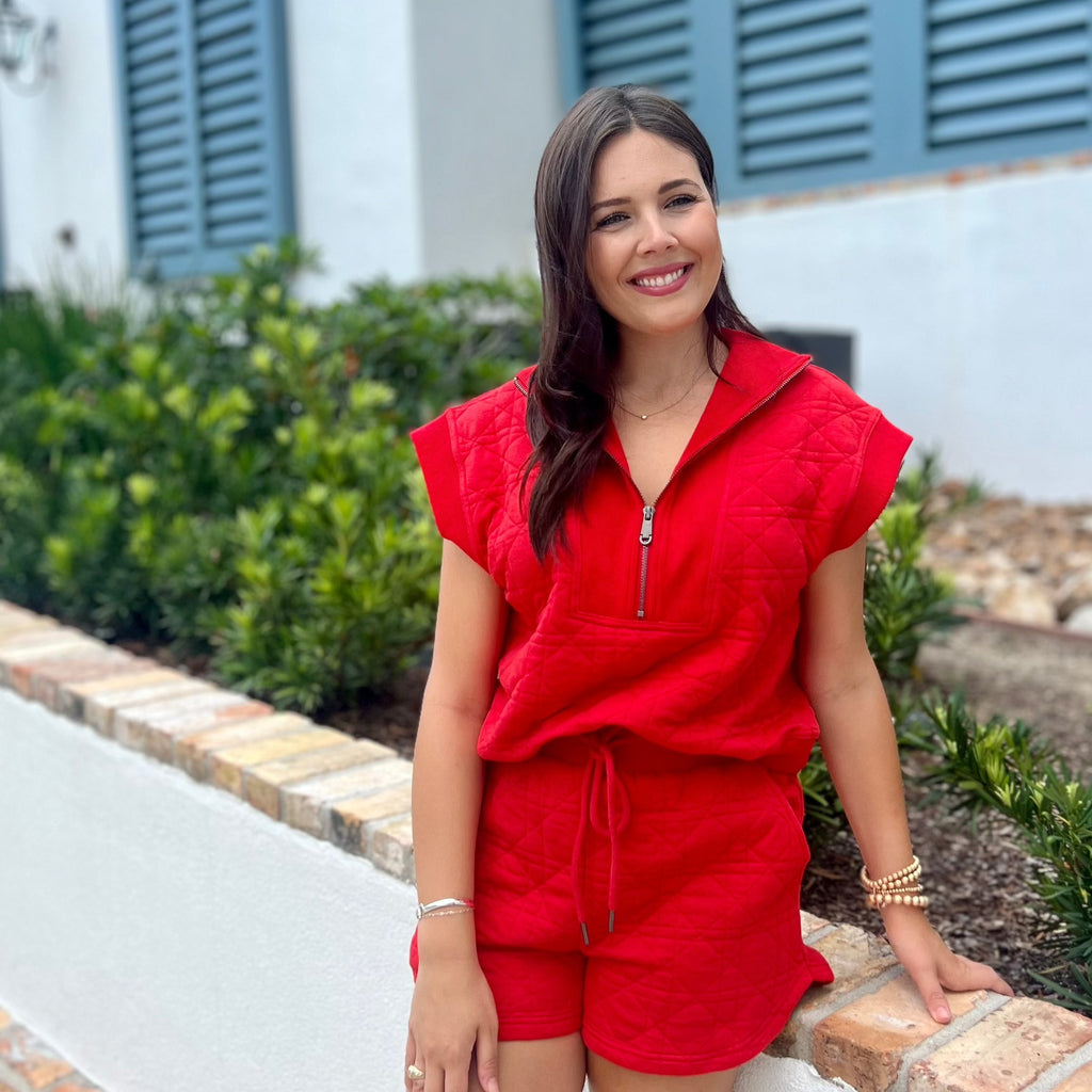 Red Quilted Half Zip Top