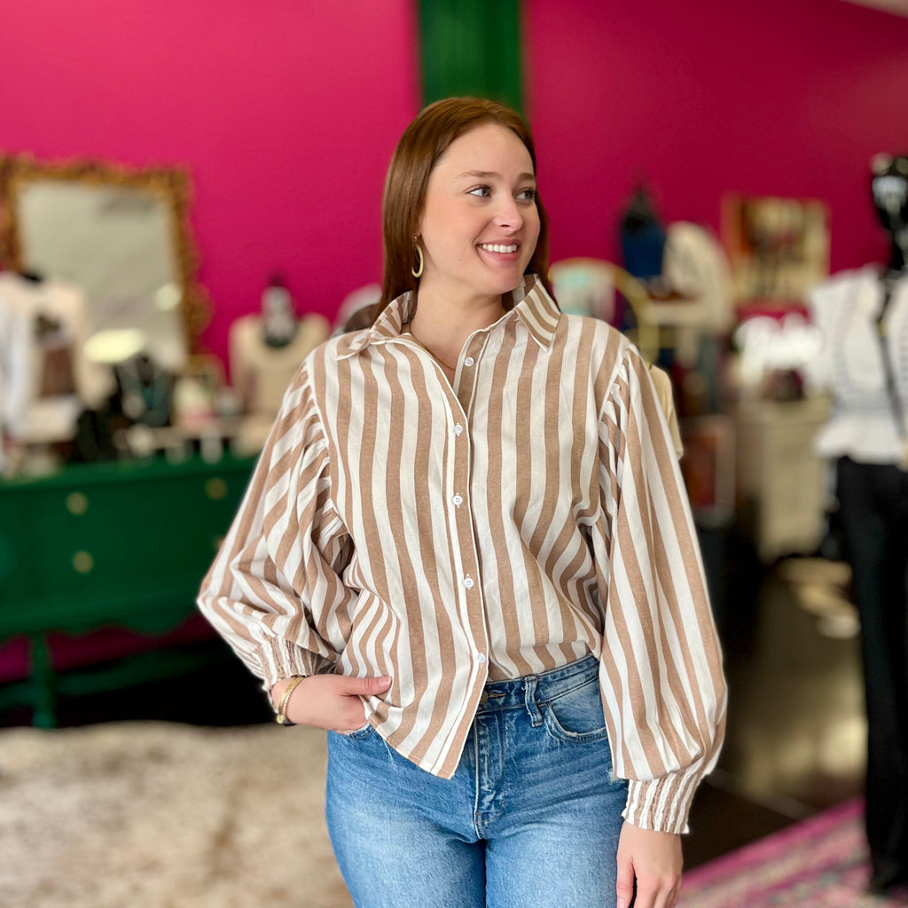 White & Tan Striped Button Up Top