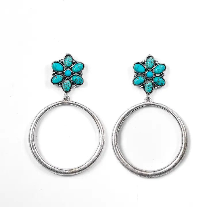 Silver & Faux Turq Flower Circle Earring